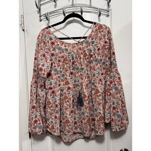 Knox Rose Floral Peasant Blouse Women's XL Pink Boho Tassel Bell Sleeve‎ fairy